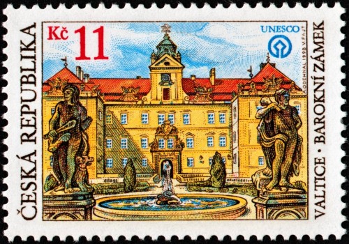 República Checa, 1998, Tesoros del país patrimonio de la UNESCO. Castillo de Valtice. Sello diseñado por Antonín Odehnal y grabado por Václav Fajt. Calcografía