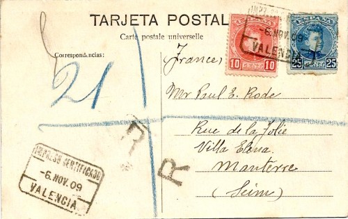 Postal certificada (1909), Valencia a Francia.<br />Colección buzones