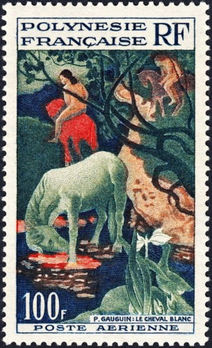 Polinesia Francesa, 1958. Paul Gauguin, El caballo blanco. Sello del que persisten las dudas sobre si fue incidido por Pierre Gandon o por Jean Pheulpin, y en cuyo grabado quizá bien pudieron participar ambos artistas. Calcografía