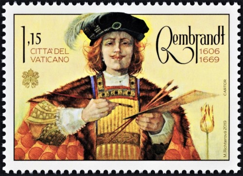 Vaticano, 2019, 350 aniversario de la muerte de Rembrandt. Sello diseñado por Marina Richterová. Impresión en offset