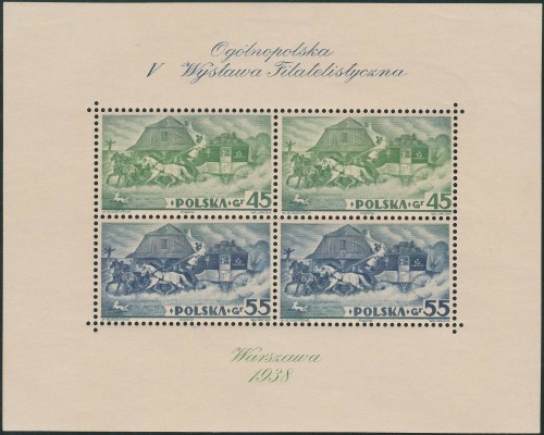 Polonia, 1938, V Exposición Filatélica Nacional en Varsovia. Sello diseñado por Wacław Boratyński (1908-1939), multiplicado en dos valores en una hojita lujosa y bella, y grabado por Włodzimierz Vacek. Calcografía