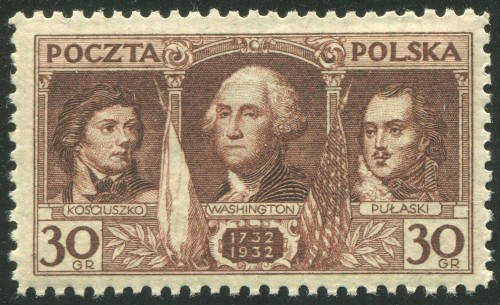 Polonia, 1932, 200 aniversario del nacimiento de George Washington. Sello diseñado por Ryszard Kleczewski y grabado por Włodzimierz Vacek. Calcografía