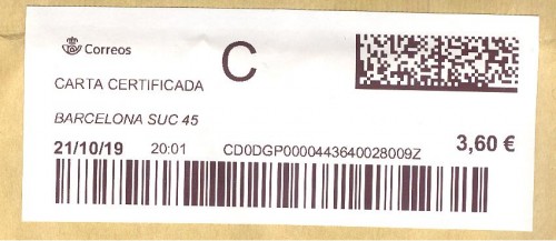 Etiqueta térmica digital. Nuevo Correos. Barcelona Suc 45. Carta certificada. 2019-10-21. 20.01. 4,2x10. 3,60 euros.jpg