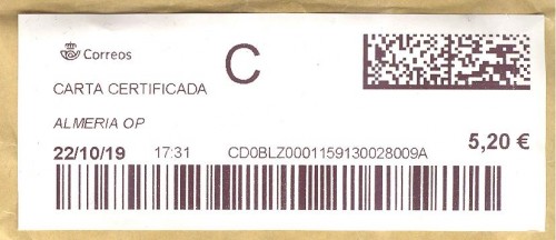 Etiqueta térmica digital. Nuevo Correos. Almeria OP. Carta certificada. 2019-10-22. 17.31. 4,1x10. 5,20 euros.jpg