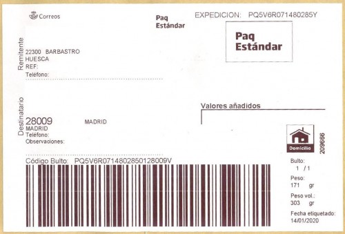 Etiqueta Grande. Nuevo Correos. Paq Estándar. No indica (Barbastro, sin precisar). 209666. Domicilio. Sin franqueo. 10x14,8. 2020-01-14. Baja.jpg