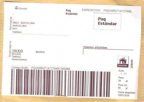 Etiqueta Grande. Nuevo Correos. Paq Estándar. No indica (Barcelona, sin precisar). 258490. Domicilio. Sin franqueo. 10x14,8. 2020-01-10. Baja.jpg