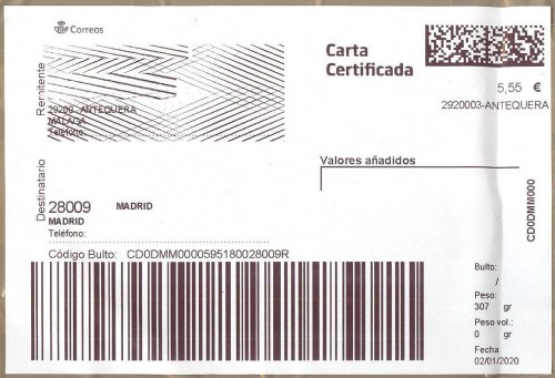 Etiqueta Grande. Nuevo Correos. Carta certificada. 2920003-Antequera. Inicio código. 5,55. 10x14,7. 2020-01-02. Baja.jpg