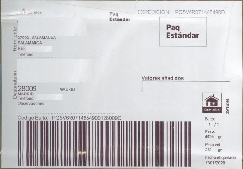 Etiqueta Grande. Nuevo Correos. Paq Estándar. No indica (Salamanca, sin precisar). 291694. Domicilio. Sin franqueo. 10x14,6. 2020-01-17. Baja.jpg