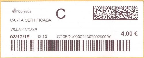 Etiqueta térmica digital. Nuevo Correos. Villaviciosa. Carta certifiada. 2019-12-03. 13.10. 4x10. 4,00 euros.jpg