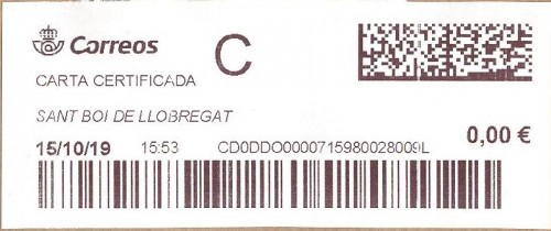 Etiqueta térmica digital. Nueva. Sant Boi de Llobregat. Carta certificada. 2019-10-15. 15.53. 4,1x10. 0,00 euros.jpg