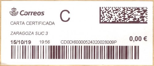 Etiqueta térmica digital. Nueva. Zaragoza Suc 3. Carta certificada. 2019-10-15. 19.56. 4,2x10. 0,00 euros. Carta.jpg