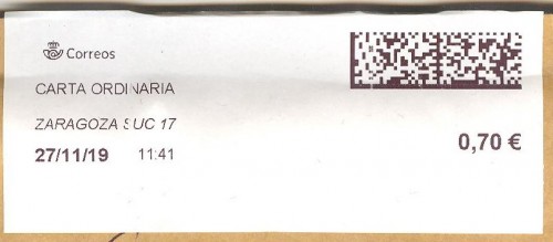 Etiqueta térmica digital. Nuevo Correos. Zaragoza Suc 17. Carta ordinaria. 2019-11-27. 11.41. 4,2x10. 0,70 euros.jpg