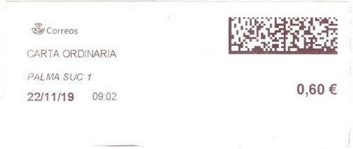 Etiqueta térmica digital. Nuevo Correos. Palma Suc 1. Carta ordinaria. 2019-11-22. 09.02. 4,2x10. 0,60 euros.jpg