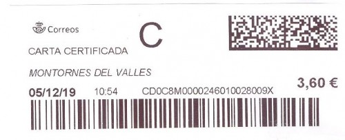 Etiqueta térmica digital. Nuevo Correos. Montornes del Valles. Carta certificada. 2019-12-05. 10.54. 4x10. 3,60 euros.jpg