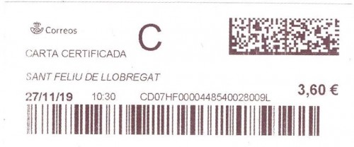 Etiqueta térmica digital. Nuevo Correos. Sant Feliu de Llobregat. Carta certificada. 2019-11-27. 10.30. 4,1x10. 3,60 euros.jpg