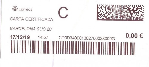 Etiqueta térmica digital. Nuevo Correos. Barcelona Suc 20. Carta certificada. 2019-12-17. 14.57. 4,1x10. 0,00 euros..jpg
