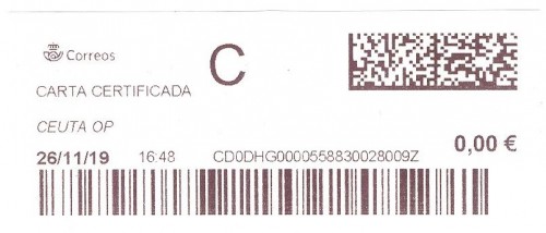Etiqueta térmica digital. Nuevo Correos. Ceuta OP. Carta certificada. 2019-11-26. 16.48. 4,2x10. 0,00 euros..jpg