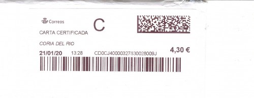 Etiqueta térmica digital. Nuevo Correos. Coria del Rio. Carta certificada. 2020-01-21. 13.28. 4,2x10. 4,30 euros.jpeg