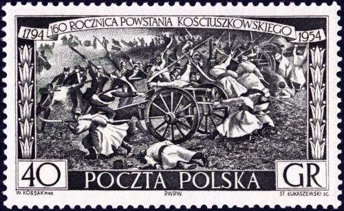 Polonia, 1954, Sublevación de Kościuszko. Sello diseñado y grabado por Stefan Łukaszewski sobre un de una de las escenas de Panorama de Racławice, de Wojciech Kossak. Calcografía