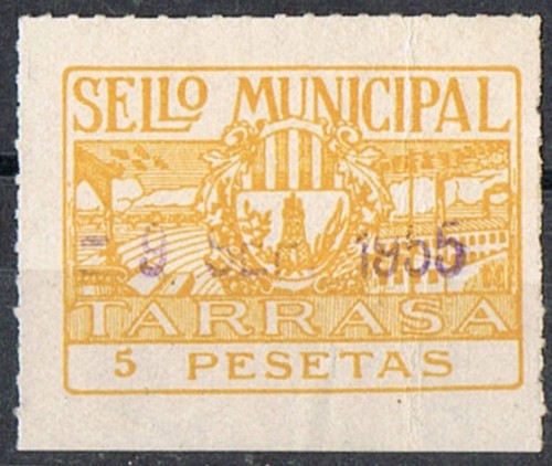 Tarrasa 5 pts amarillo naranja, fechador 1955