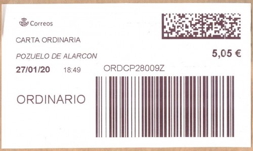 Etiqueta térmica digital. Nuevo Correos. Pozuelo de Alarcon. Carta ordinaria. 2020-01-27. 18.49. 5.8x10. 5,05 euros.jpeg