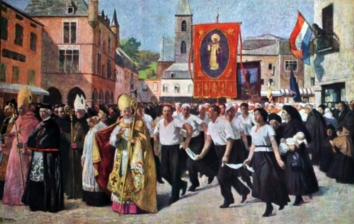 “La procesión danzante en Echternach”, pintura al óleo sobre lienzo de Lucien Simon (1936; 630 x 400 cm) exhibida en la Exposición Internacional de París de 1937