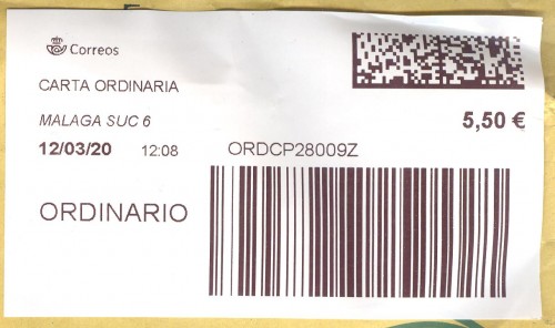 Etiqueta térmica digital. Nuevo Correos. Malaga Suc 6. Carta ordinaria. 2020-03-12. 12.08. 5,8x10. 5,50 euros.jpg