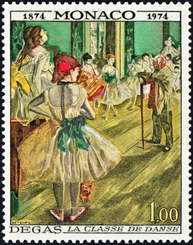 Mónaco, 1974, Arte. Edgar Degas, &quot;Clase de danza&quot; (1874). Sello grabado por Georges Bétemps. Impresión en calcografía