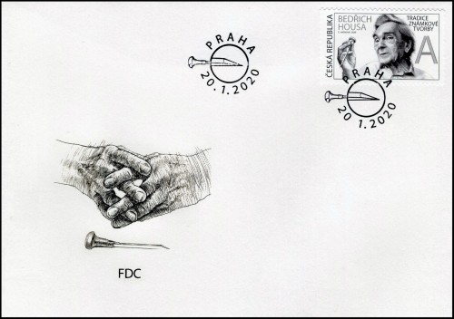 Sobre de primer día de circulación del sello de Housa emitido por la República Checa en 2020, con la ilustración de las manos grabada a buril por Martin Srb