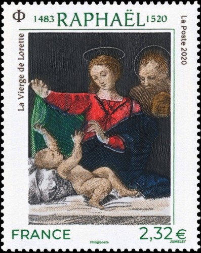 Francia, 2020, Arte. Rafael, &quot;Virgen del velo&quot; (1509). Sello diseñado y grabado por Claude Jumelet. Impresión en calcografía. Imagen del sello procedente de Wikitimbres.fr