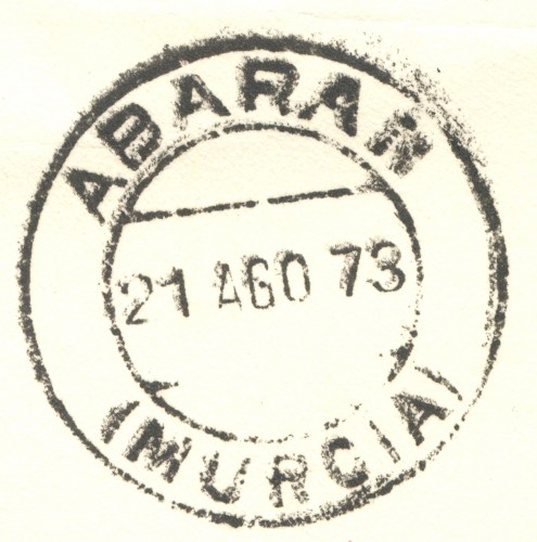 Matasellos ordinario. Murcia. Abarán. 1973-08-21. Sobre. Matasellos. Baja.jpg
