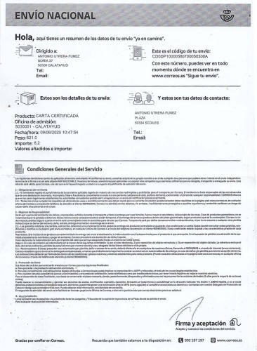 Resguardo de Certificado. Envíos nacionales. Primer día de utilización 9 de junio de 2020