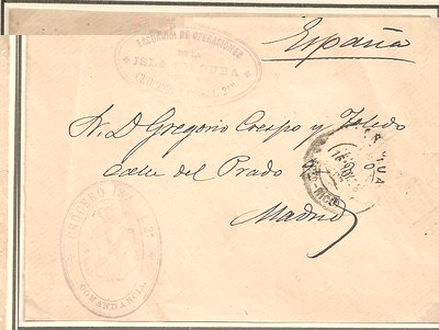 Carta de San Juan (Puerto Rico) a Madrid con marcas de franquicia &quot;ESCUADRA DE OPERACIONES DE LA ISLA DE CUBA / CRUCERO ISABEL 2ª&quot; y otra &quot;CRUCERO ISABEL 2ª / COMANDANCIA&quot;