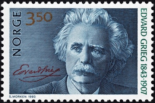 Noruega, 1993, Edvard Grieg. Sello diseñado y grabado por Sverre Morken. Impresión combinada en calcografía y offset