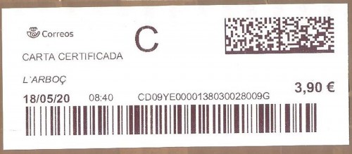 Etiqueta térmica digital. Nuevo Correos. L'Arboç. Carta certificada. 2020-05-18. 08.40. 4,2x10. 3,90 euros. Baja.jpg