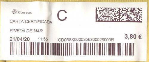 Etiqueta térmica digital. Nuevo Correos. Pineda de Mar. Carta certificada. 2020-04-21. 11.55. 4,1x10. 3,80 euros. Baja.jpg