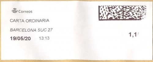 Etiqueta térmica digital. Nuevo Correos. Barcelona Suc 27. Carta ordinaria. 2020-05-19. 13.13. 3,9x10. 1,15 euros. Baja.jpg