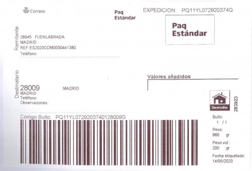 Etiqueta Grande. Nuevo Correos. Paq Estándar. No indica (Fuenlabrada, sin precisar). 283923. Domicilio. Sin franqueo. 10x14,7. 2020-05-14. Baja.jpg