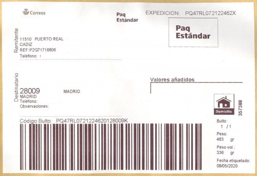 Etiqueta Grande. Nuevo Correos. Paq Estándar. No indica (Puerto Real, sin precisar). 357388. Domicilio. Sin franqueo. 10x14,7. 2020-05-08. Baja.jpg
