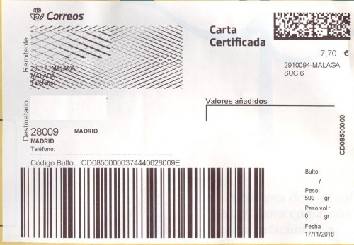 Etiqueta Grande. Nueva. Carta certificada. 2910094-Malaga Suc 6. Inicio código envío. 2018-11-17. 7,70 euros. 10x14,4.jpg