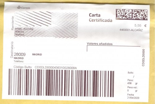 Etiqueta Grande. Nuevo Correos. Carta certificada. 4460001-Alcañiz. Inicio código. 5,55. 10x14,9. 2020-04-21. Baja.jpg