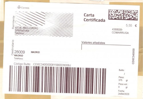 Etiqueta Grande. Nuevo Correos. Carta certificada. 43880029-Comarruga. Inicio código. 5,55. 10x14,7. 2020-04-24. Baja.jpg
