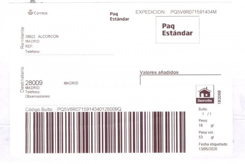 Etiqueta Grande. Nuevo Correos. Paq Estándar. No indica (Alcorcón, sin precisar). 183068. Domicilio. Sin franqueo. 10x14,7. 2020-05-13. Baja.jpg