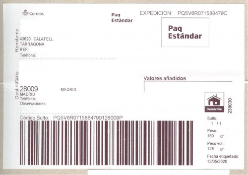 Etiqueta Grande. Nuevo Correos. Paq Estándar. No indica (Calafell, sin precisar). 239030. Domicilio. Sin franqueo. 10x14,8. 2020-05-12. Baja.jpg