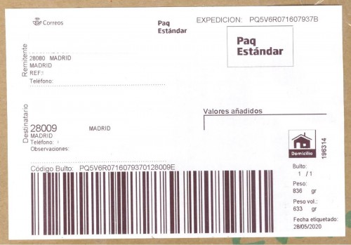 Etiqueta Grande. Nuevo Correos. Paq Estándar. No indica (Madrid, sin precisar). 196314. Domicilio. Sin franqueo. 10x14,6. 2020-05-28. Baja.jpg