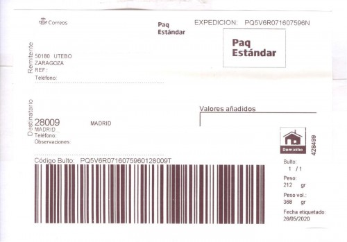 Etiqueta Grande. Nuevo Correos. Paq Estándar. No indica (Utebo, sin precisar). 428499. Domicilio. Sin franqueo. 10x14,7. 2020-05-26. Baja.jpg