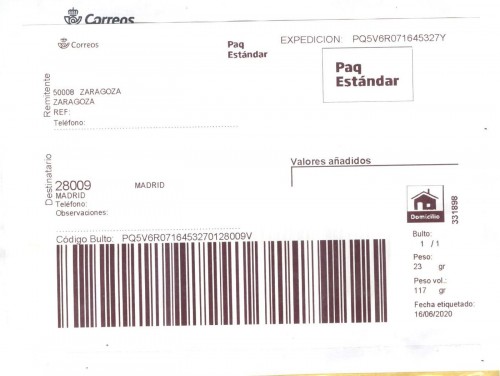 Etiqueta Grande. Nuevo Correos. Paq Estándar. No indica (Zaragoza, sin precisar). 331898. Domicilio. Sin franqueo. 10x14,9. 2020-06-16. Baja.jpg