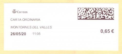 Etiqueta térmica digital. Nuevo Correos. Montornes del Valles. Carta ordinaria. 2020-05-26. 11.05. 4,2x10. 0,65 euros. Baja.jpg