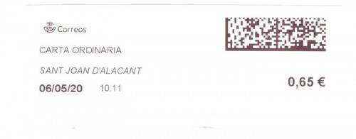 Etiqueta térmica digital. Nuevo Correos. Sant Joan d'Alacant. Carta ordinaria. 2020-05-06. 10.11. 4.1x10. 0,65 euros. Baja.jpg