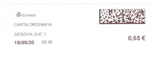 Etiqueta térmica digital. Nuevo Correos. Segovia Suc 1. Carta ordinaria. 2020-05-15. 09.46. 4.1x10. 0,65 euros. Baja.jpg